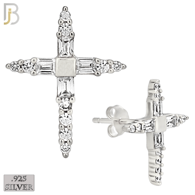 925-ES270 - .925 Sterling Silver Pointed Cross with Zircon Design Earrings Stud image 1