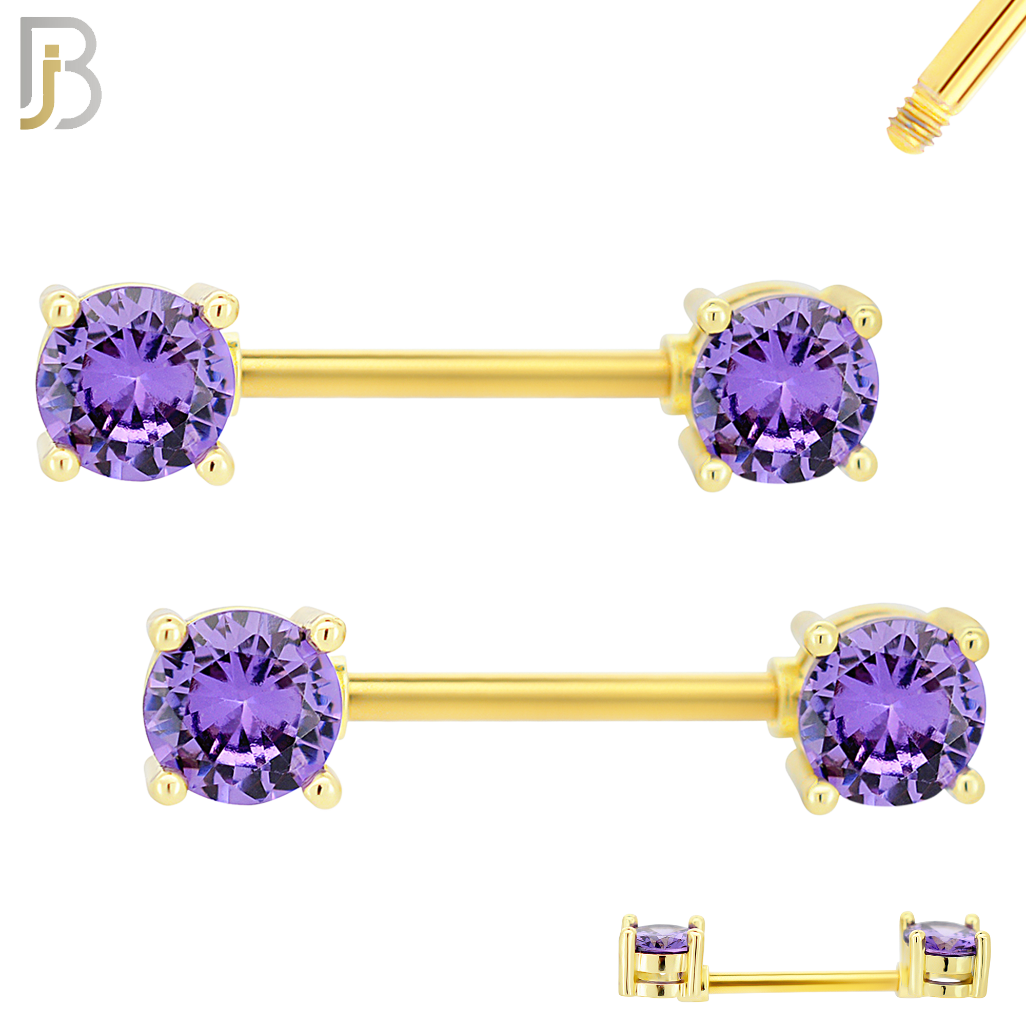 NP02G - 316L Surgical Steel Gold Plated Screw Prong Round Zircon Nipple Ring Piercing image 3