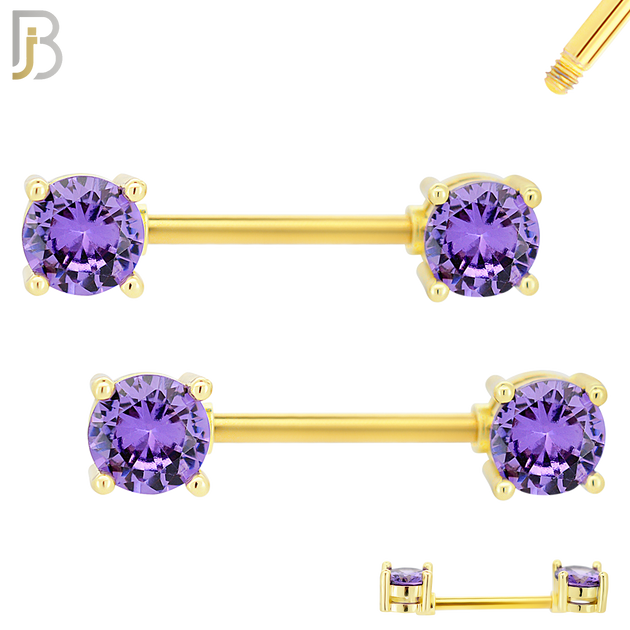 NP02G - 316L Surgical Steel Gold Plated Screw Prong Round Zircon Nipple Ring Piercing image 3