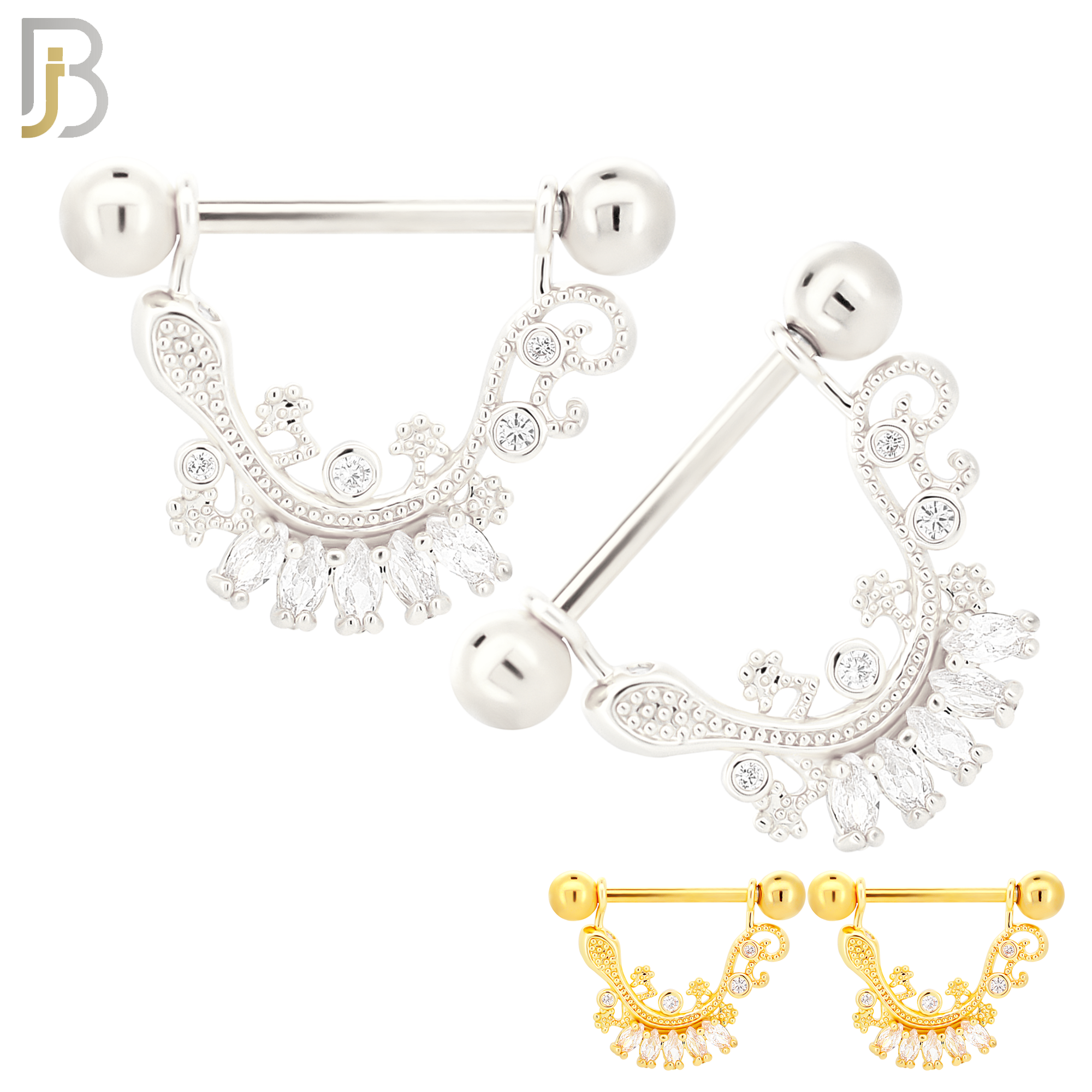 NP60- 316L Surgical Steel Dangling Lizard Design with Zircon Nipple Ring Externally Threaded Nipple Rings (Sold as Pair) image 0