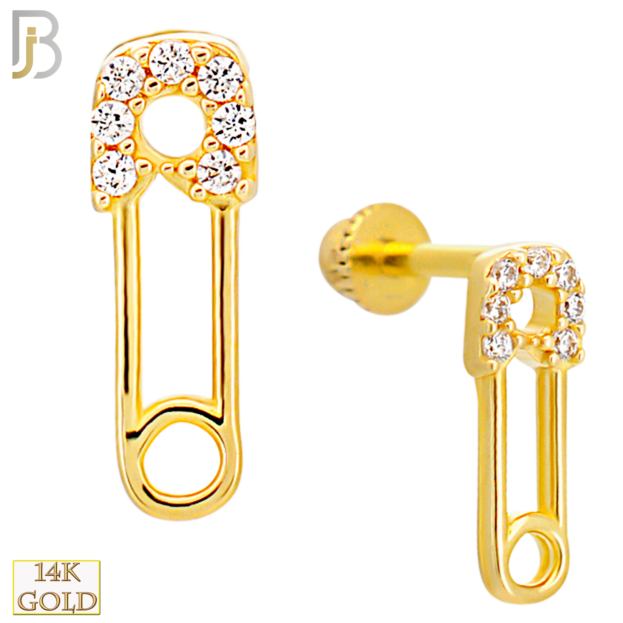14-TB84 - 14k Yellow Gold Safety Pin with CZ Tragus Barbell with Baby Screw Backing image 0