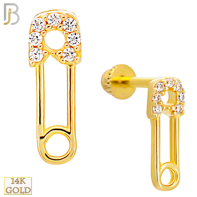 14-TB84 - 14k Yellow Gold Safety Pin with CZ Tragus Barbell with Baby Screw Backing image 0