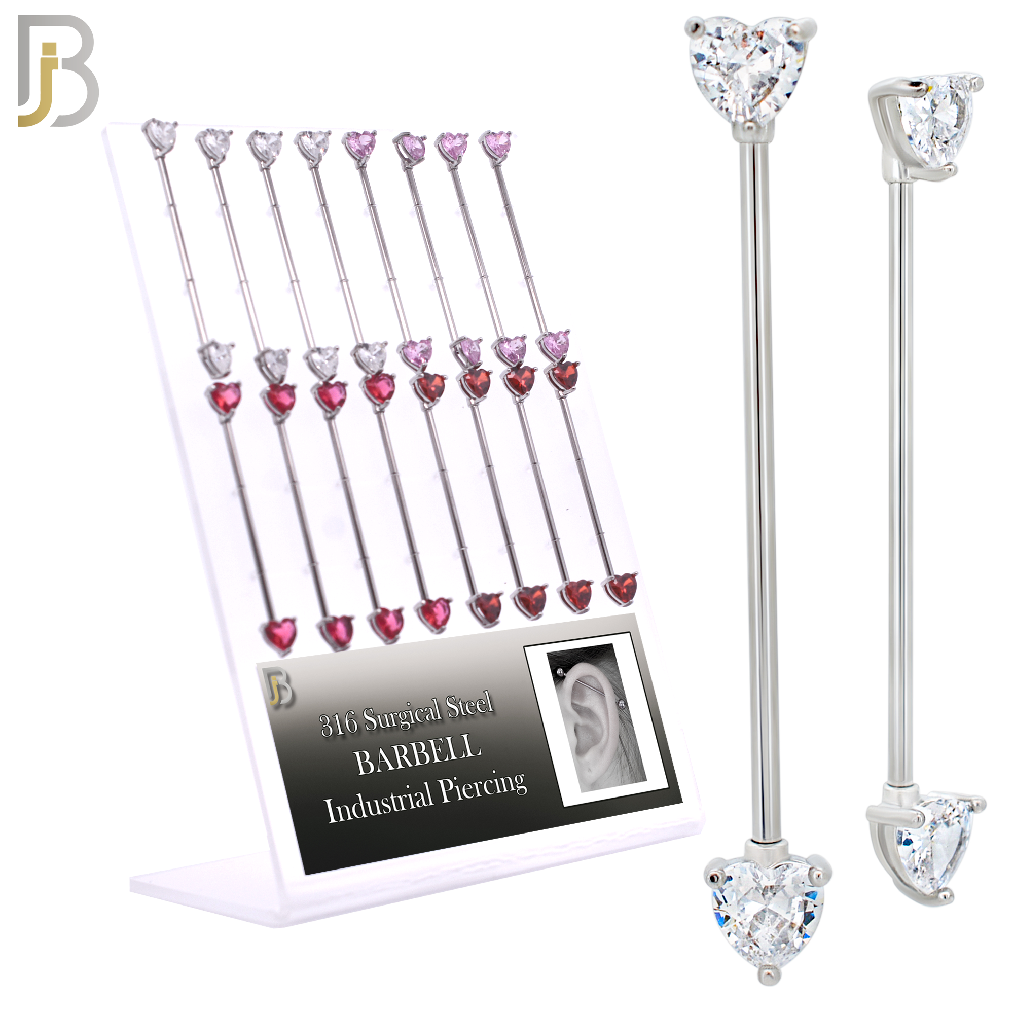 PK-BB60S - 316L Surgical Steel Heart Shaped CZ in Prong Set Industrial Barbell Pack of 16 pcs image 0