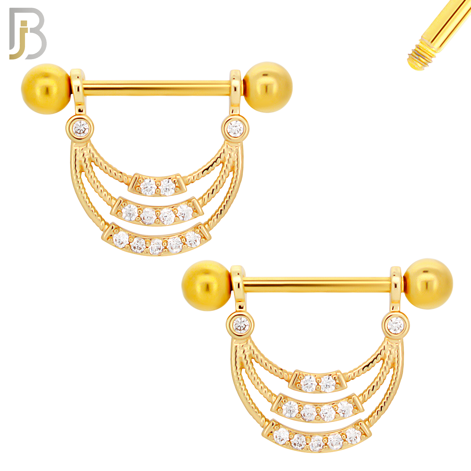 NP27 - 316L Surgical Steel Screw Bar with 3 Layer Curve with Zircon Design Pair image 2