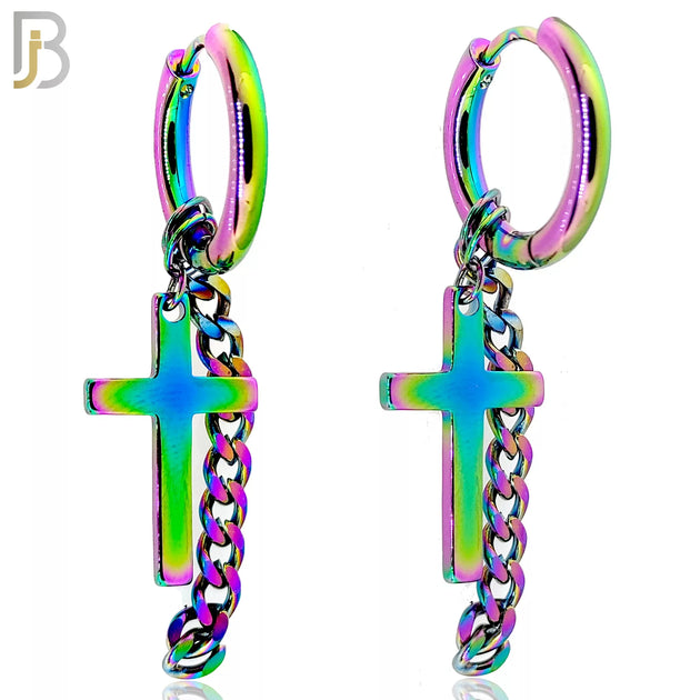 ES46 - 316L Stainless Steel Dangling Cross with Chain Design Huggies Clip On - Rainbow Color image