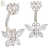 NB60 - 316L Stainless Steel Double Butterfly Banana Belly Ring with Cubic Zirconia image 1