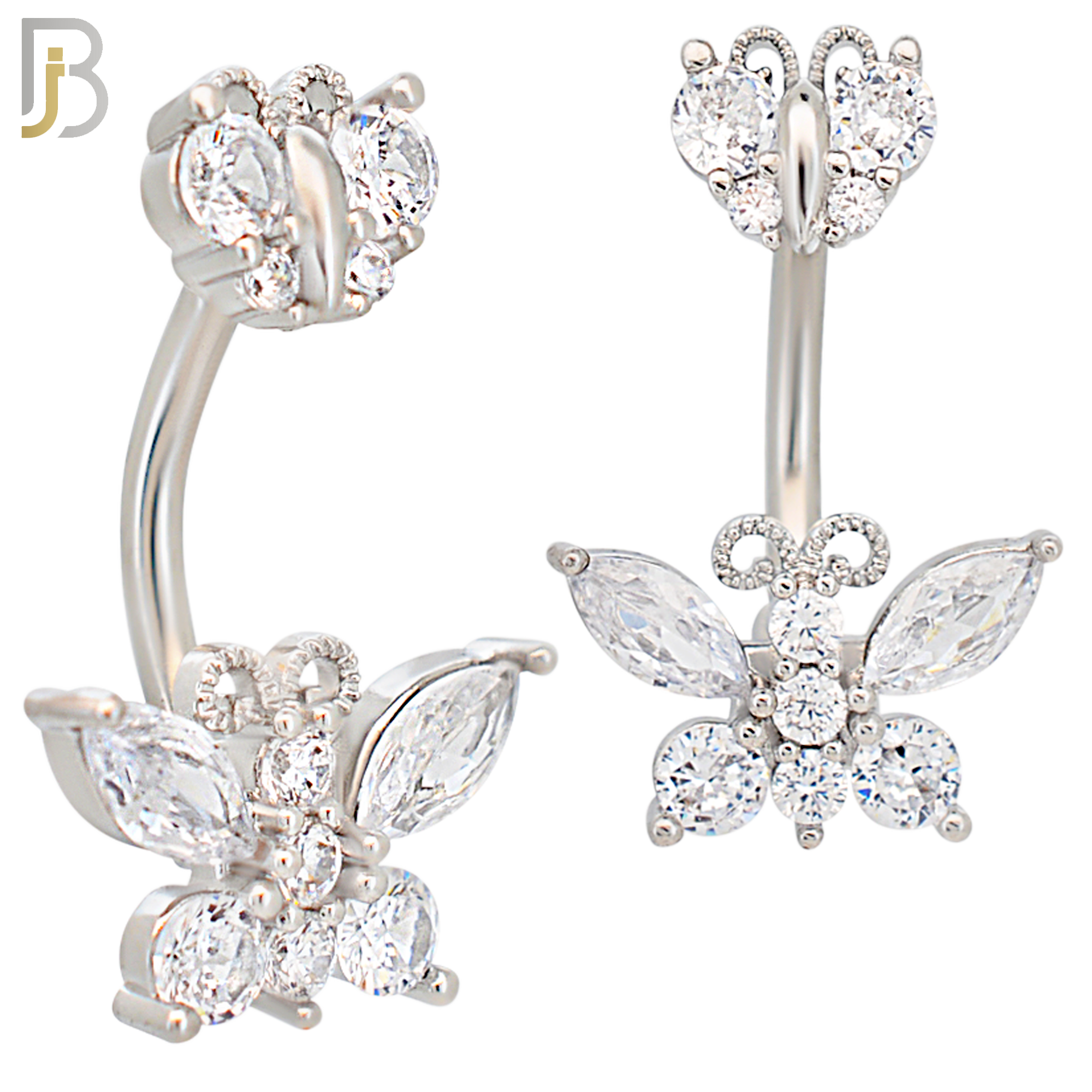 NB60 - 316L Stainless Steel Double Butterfly Banana Belly Ring with Cubic Zirconia image 1