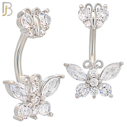 NB60 - 316L Stainless Steel Double Butterfly Banana Belly Ring with Cubic Zirconia image 1