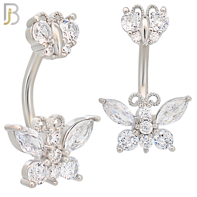 NB60 - 316L Stainless Steel Double Butterfly Banana Belly Ring with Cubic Zirconia image 1