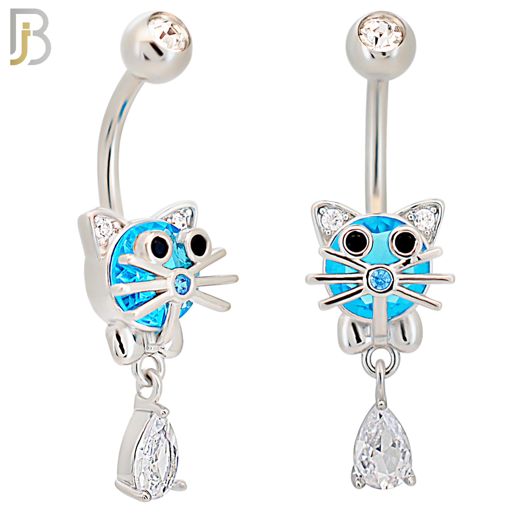 NB79 - 316L Stainless Steel Cat Head with Aqua Round Zircon and Dangling Pear Shaped Zircon Belly Ring - Steel image