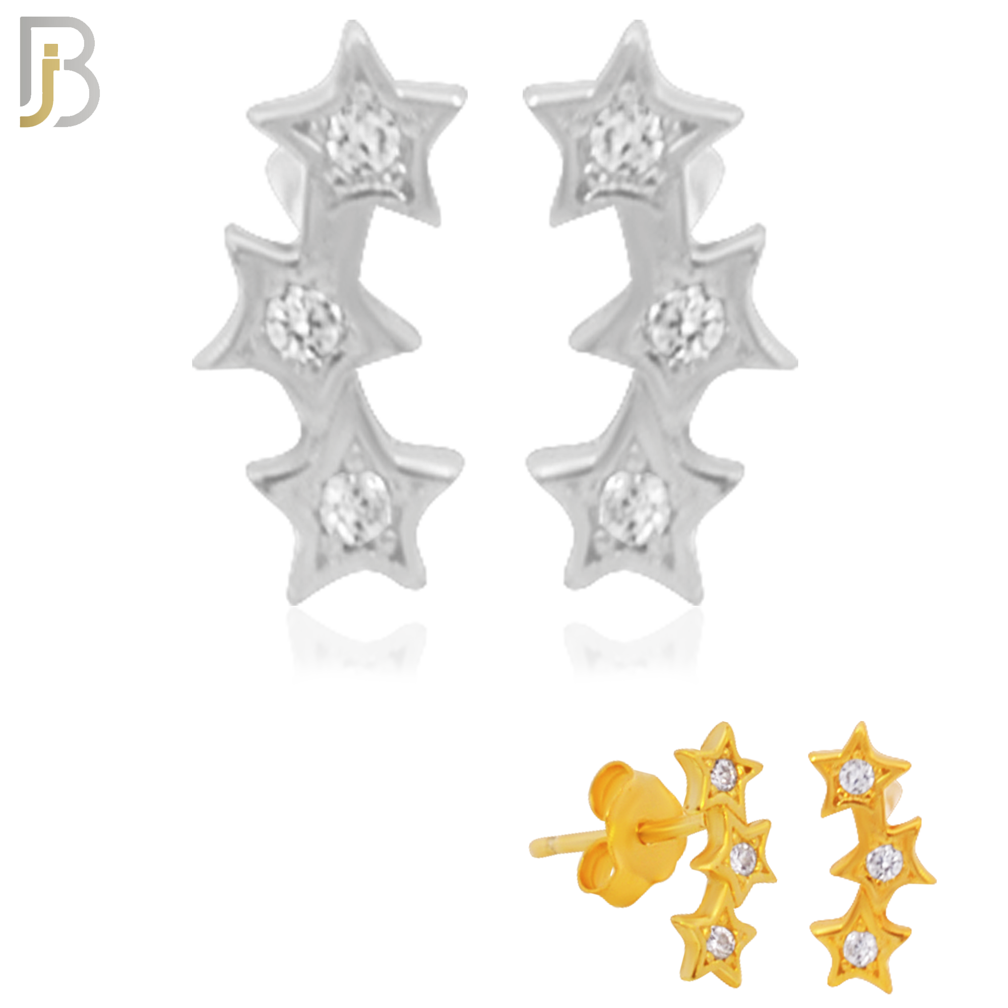 925-ES161 - .925 Sterling Silver Triple Star  with Zircon Design Earring Stud image 0