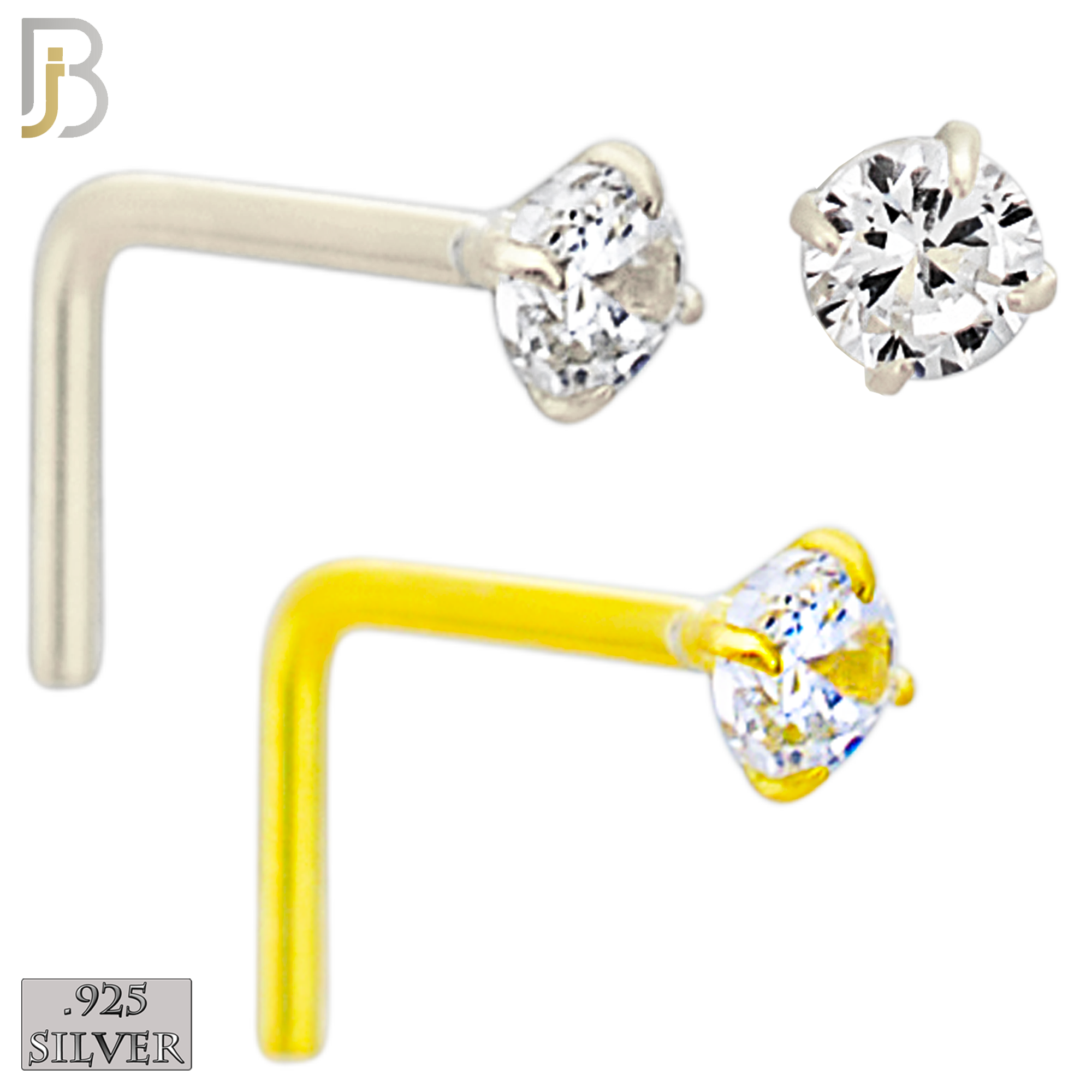 925-NR10GSC-25 - 925 Sterling Silver Round Prong Set 2.5mm L Shape Nose Ring (Pack of 6) - Rhodium Plated and Yellow Gold Plated image