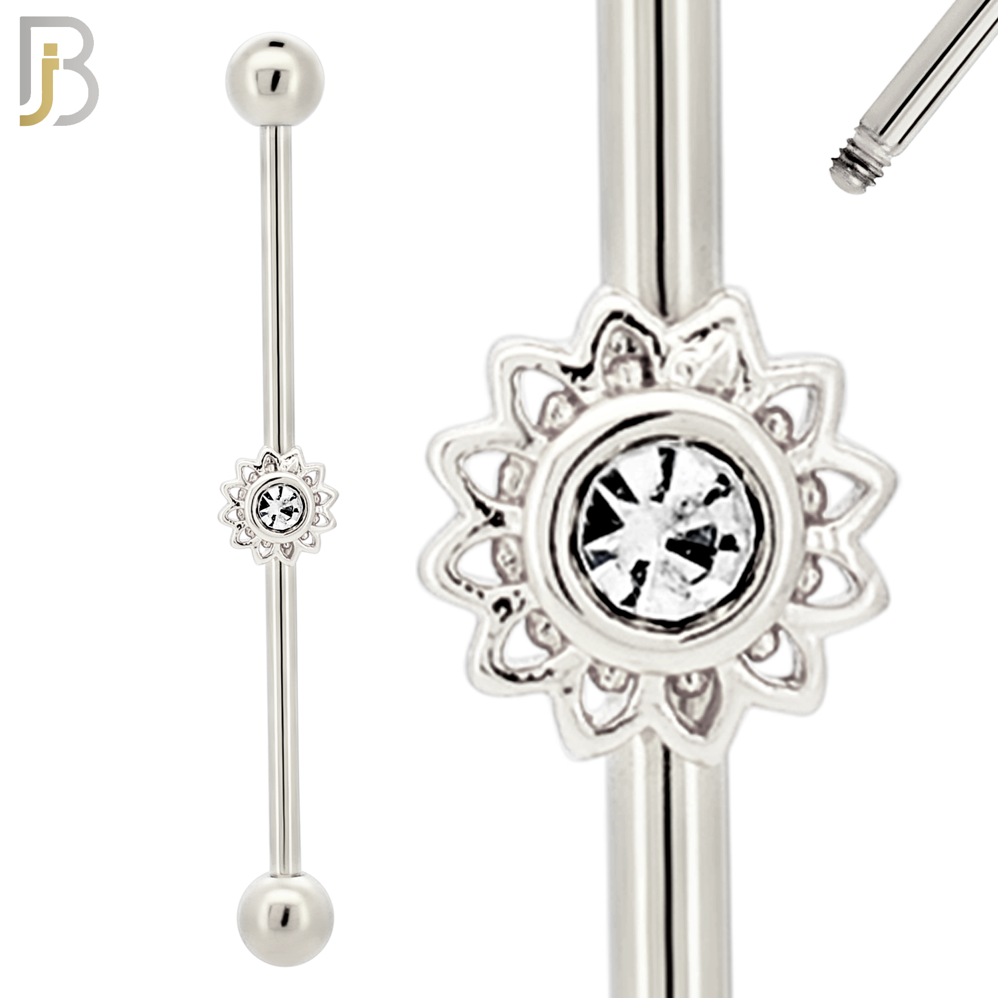 BB24 - 316L Surgical Steel Screw Bar with Brass Flower Design Barbell Industrial (PACK OF 4) image 1