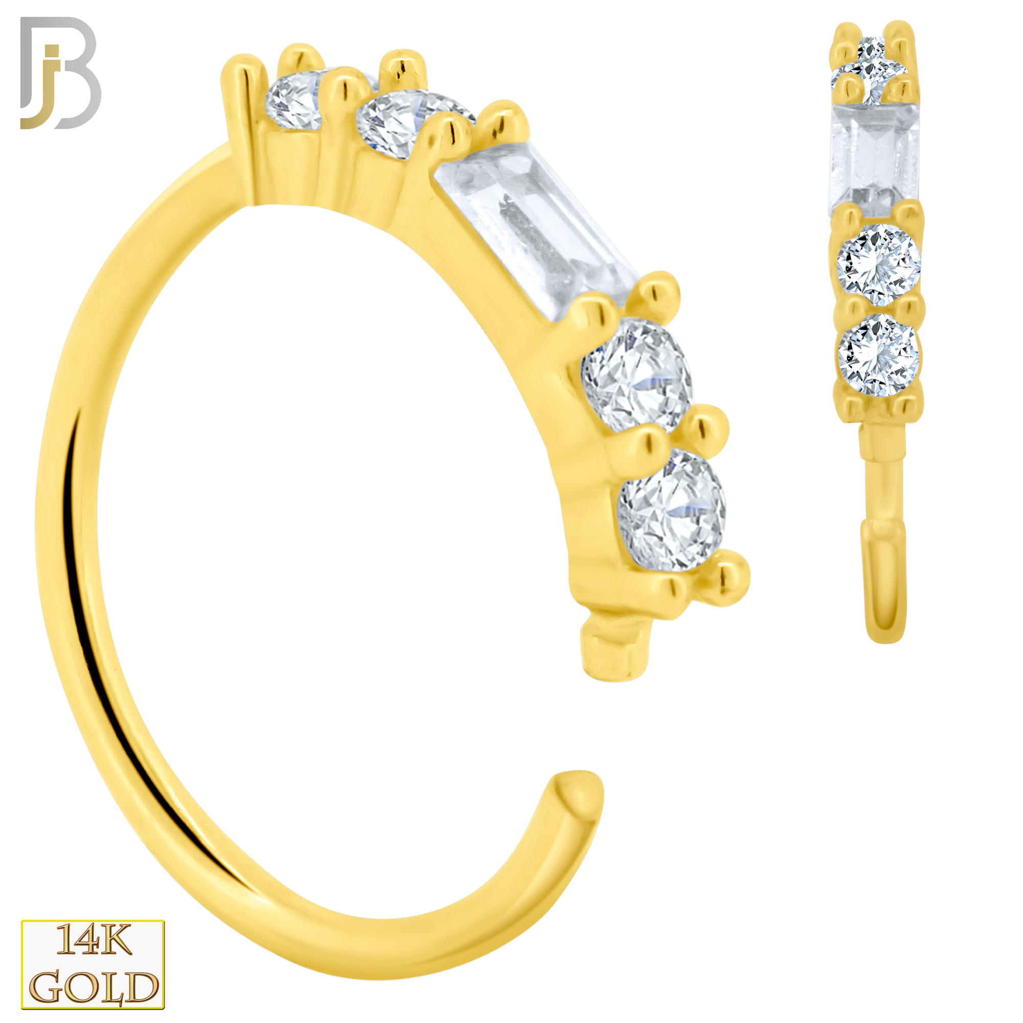 14-CT74C - 14K Solid Gold Hoops with Baguette Shaped Cubic Zirconia and Round Side Stones image 0