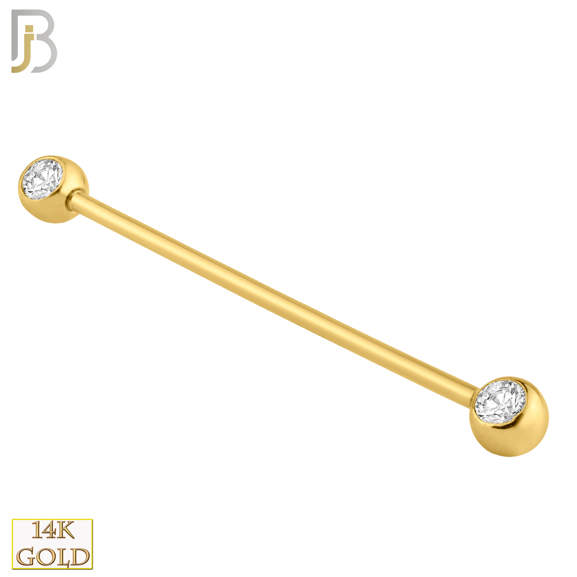 14-BB0714 - 14k Solid Gold 14g Barbell with Double Gem 5mm Ball with CZ Externally Threaded image 1
