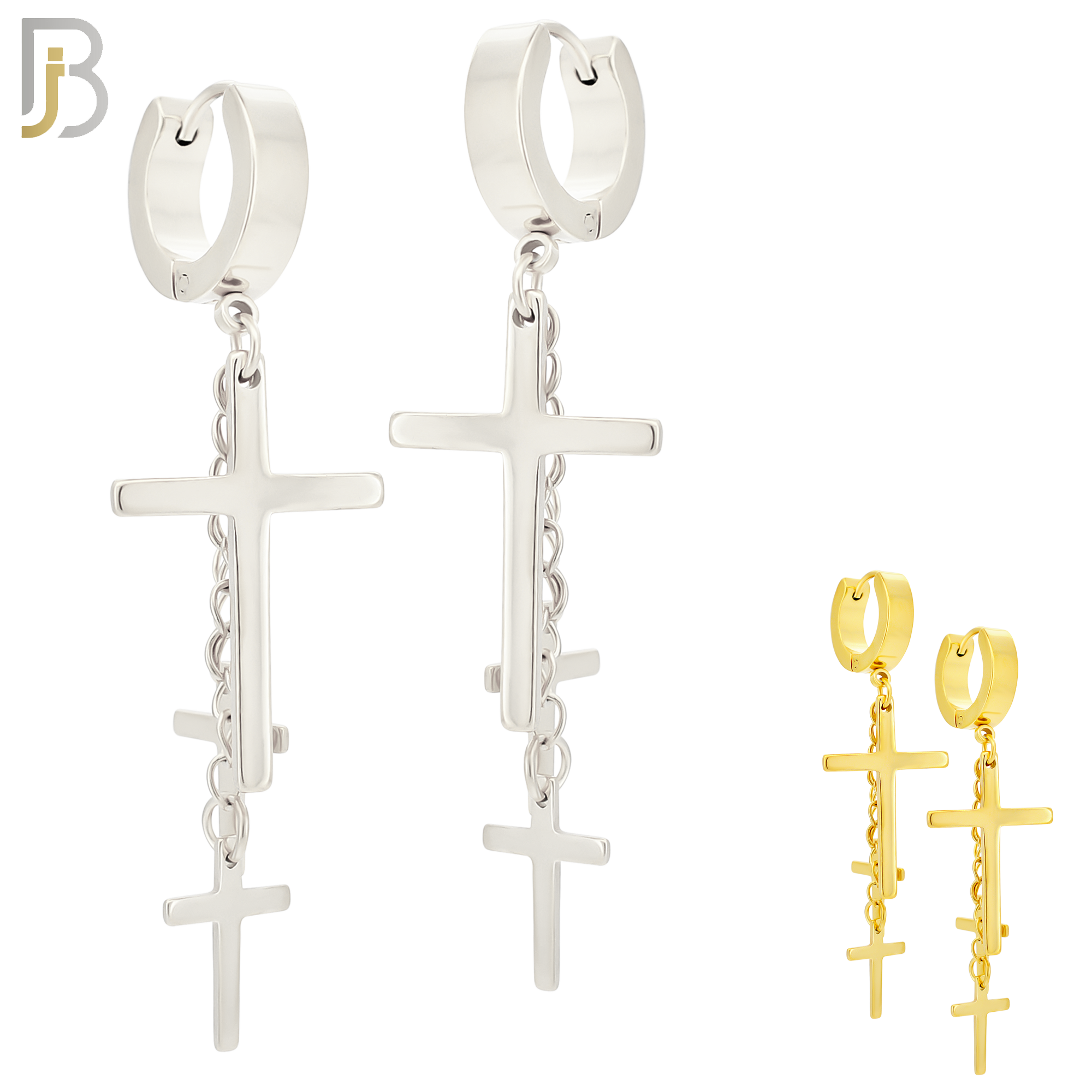 ES39 - 316L Stainless Steel Dangling 3 Cross Design Huggies Clip On image 0