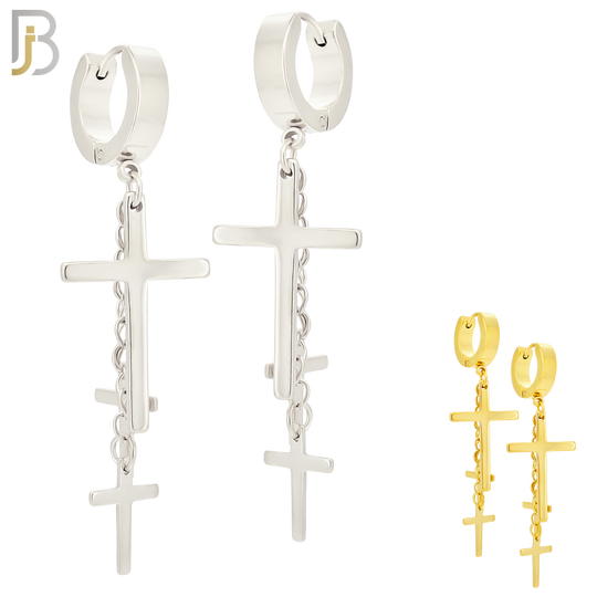 ES39 - 316L Stainless Steel Dangling 3 Cross Design Huggies Clip On image 0