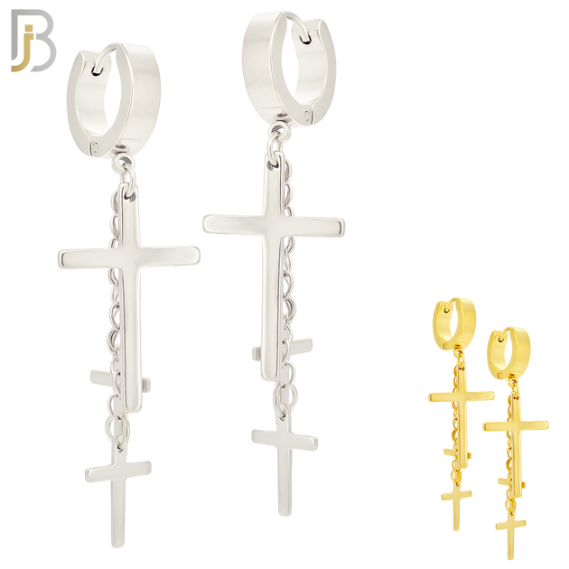 ES39 - 316L Stainless Steel Dangling 3 Cross Design Huggies Clip On image 0