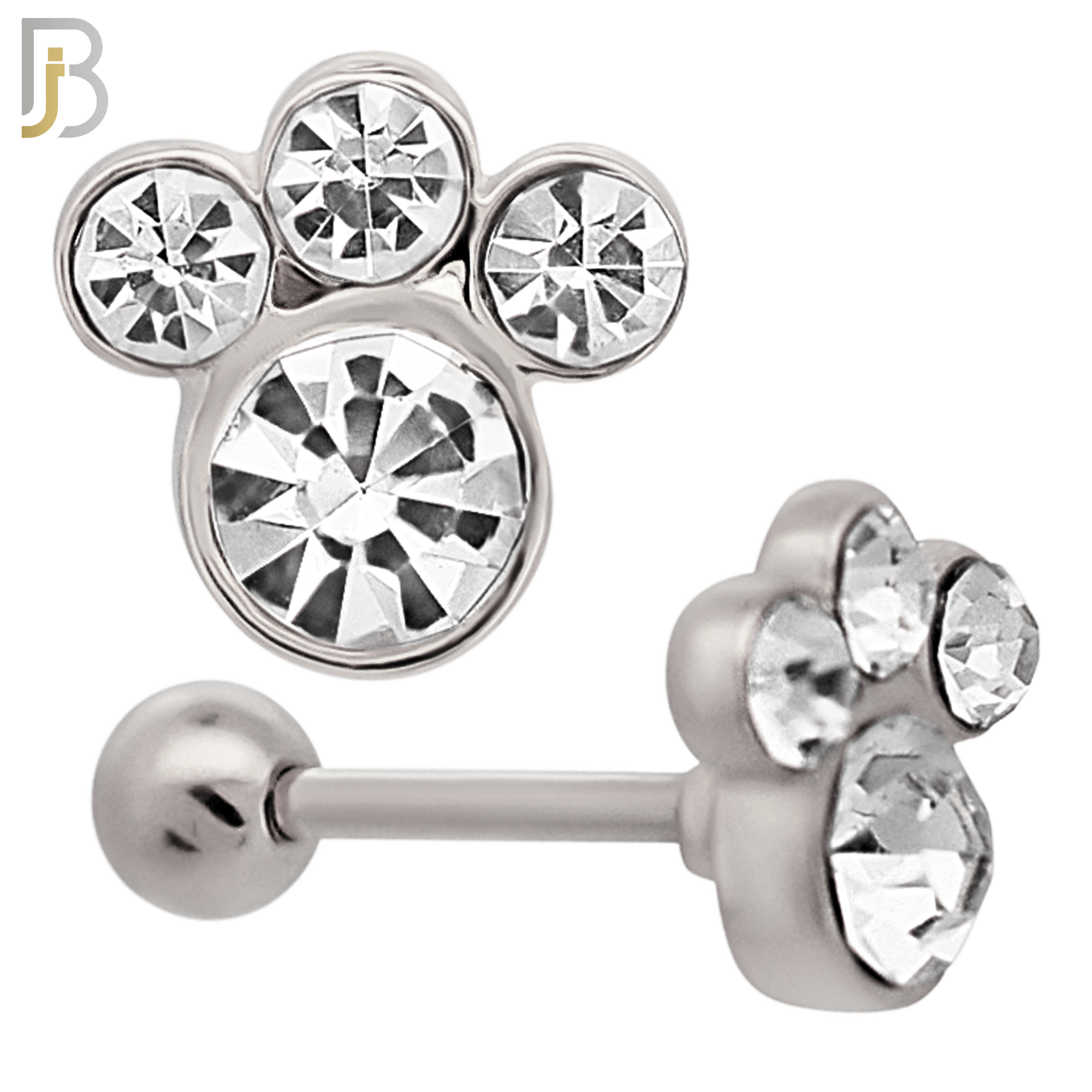 TB71 - 316L Stainless Steel Paw Print with CZ Gems Tragus/Cartilage Barbell (PACK OF 6) image 1