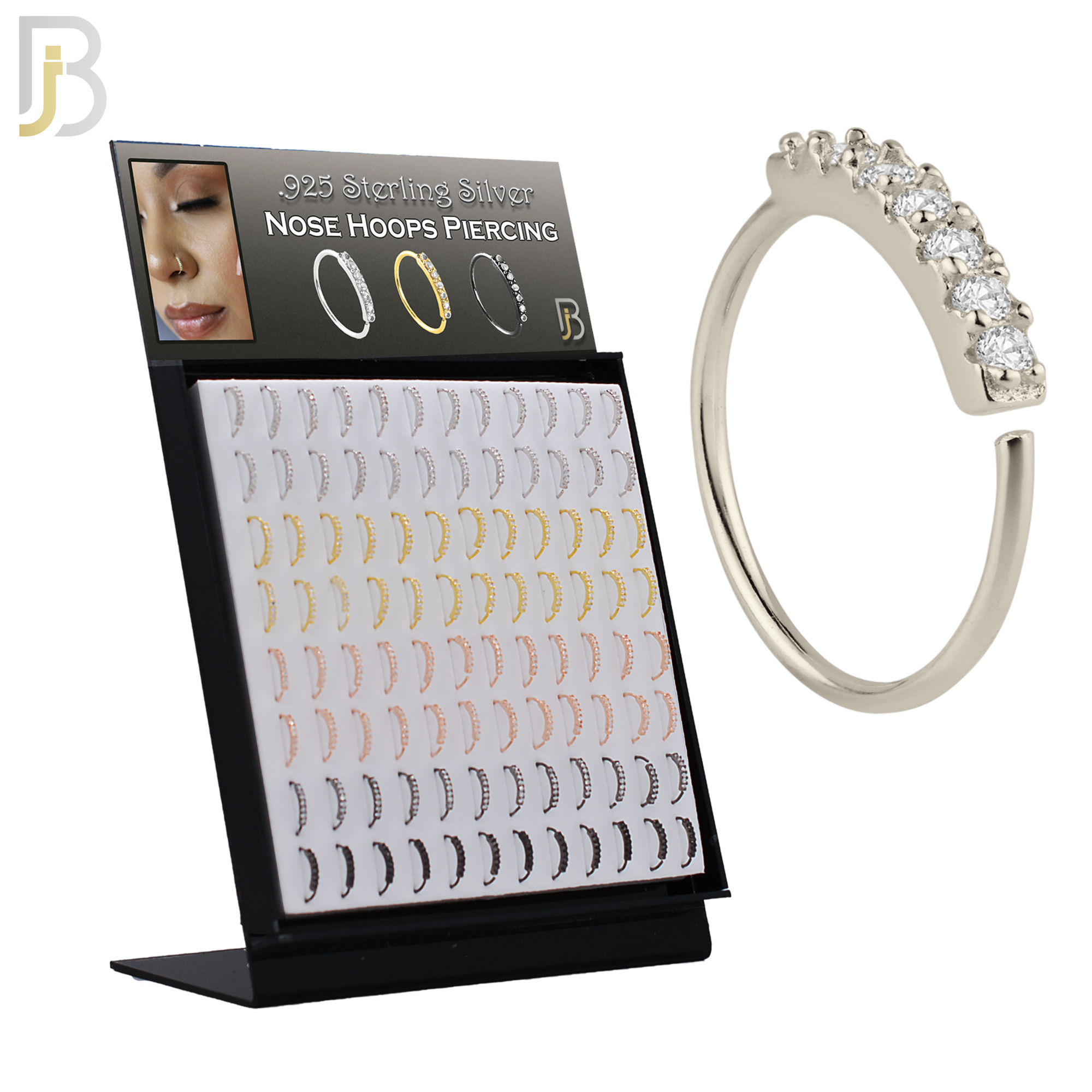 925-PK-CT04M1 - 925 Sterling Silver 22g Thickness 7 CZ Prong Set Hoops Piercing Pack of 96 image 0