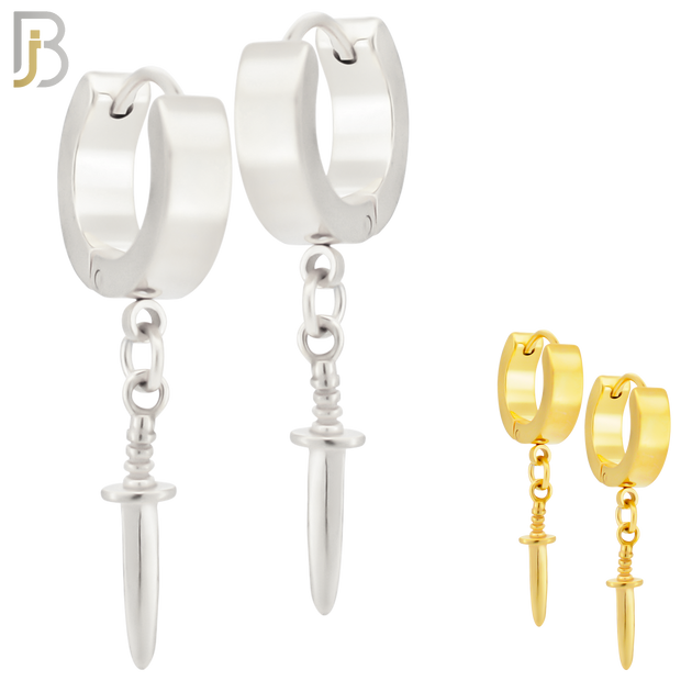 ES284 - 316L Stainless Steel Dangling Plain Straight Dagger Huggies Hoop Earrings image 0