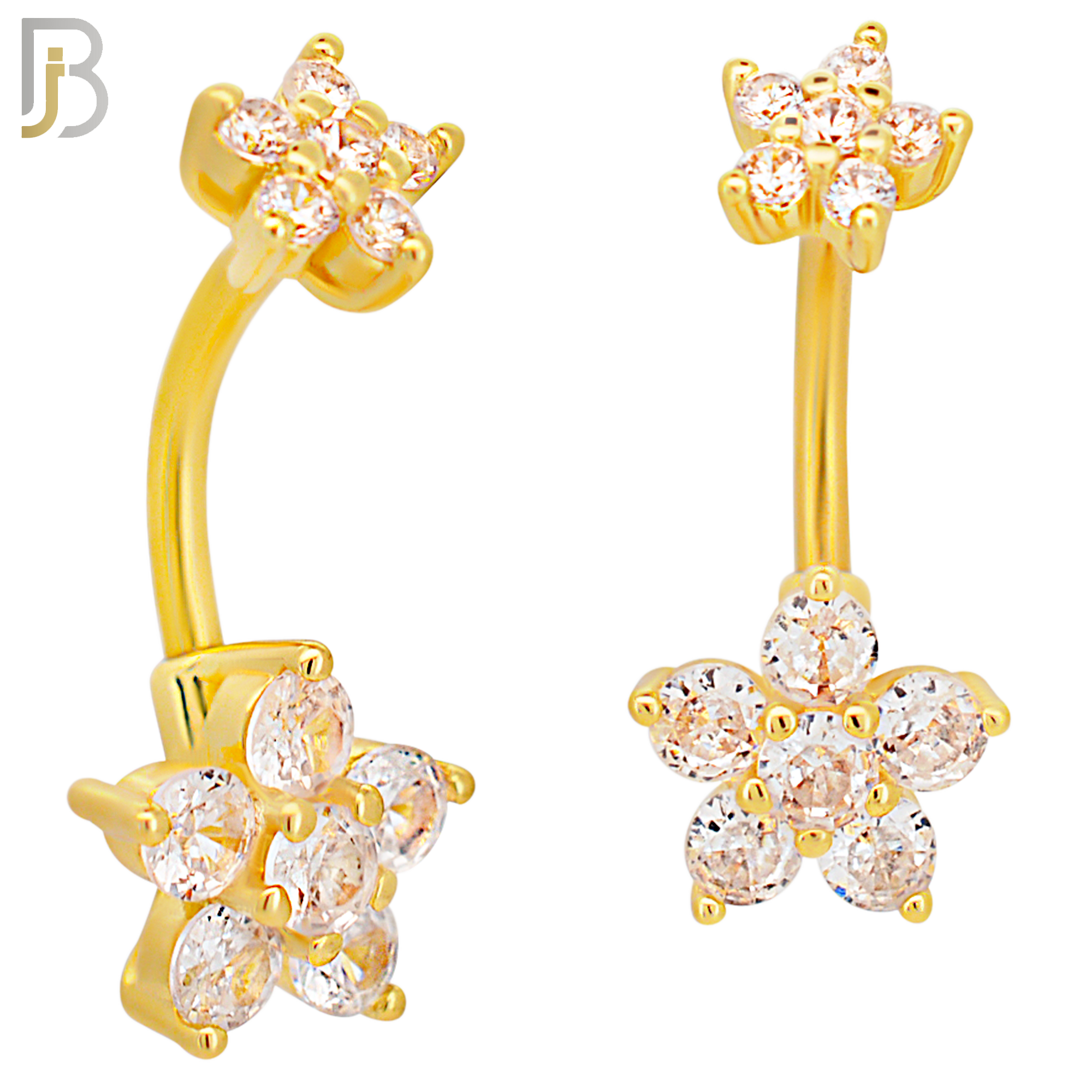 NB71 -  316L Stainless Steel Banana Belly Ring with Double Flower Cubic Zirconia image 2