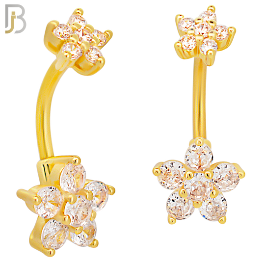 NB71 -  316L Stainless Steel Banana Belly Ring with Double Flower Cubic Zirconia image 2