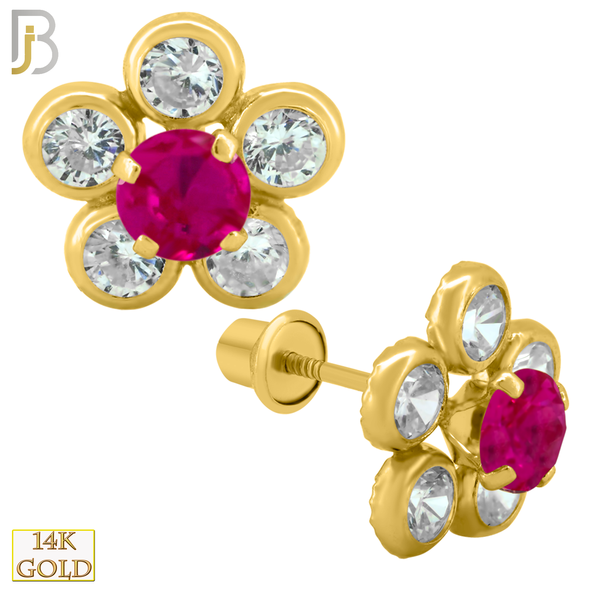 14-ES212 - 14k Solid Gold 9mm Flower Design Earring Stud with Clear & Pink Zircon image 1