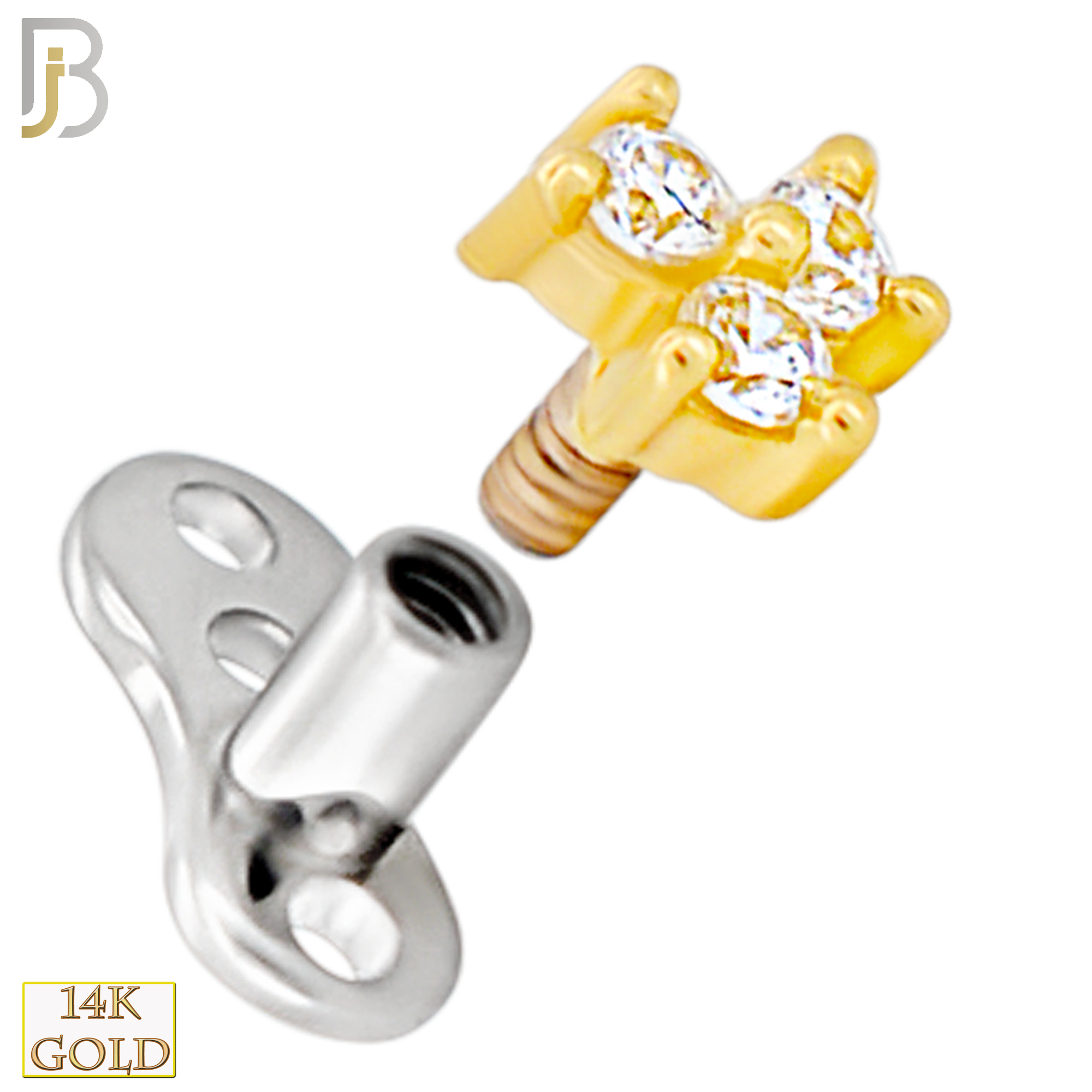 14-G23-DM17 - 14k Titanium Anchor and 14k Gold Top Three CZ in Prong Setting Dermal - Internally Threaded image 1