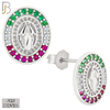 925-ES268 - .925 Sterling Silver Oval Shape Virgin Mary with Mexican Color Flag Zircon Design Earrings Stud image 1