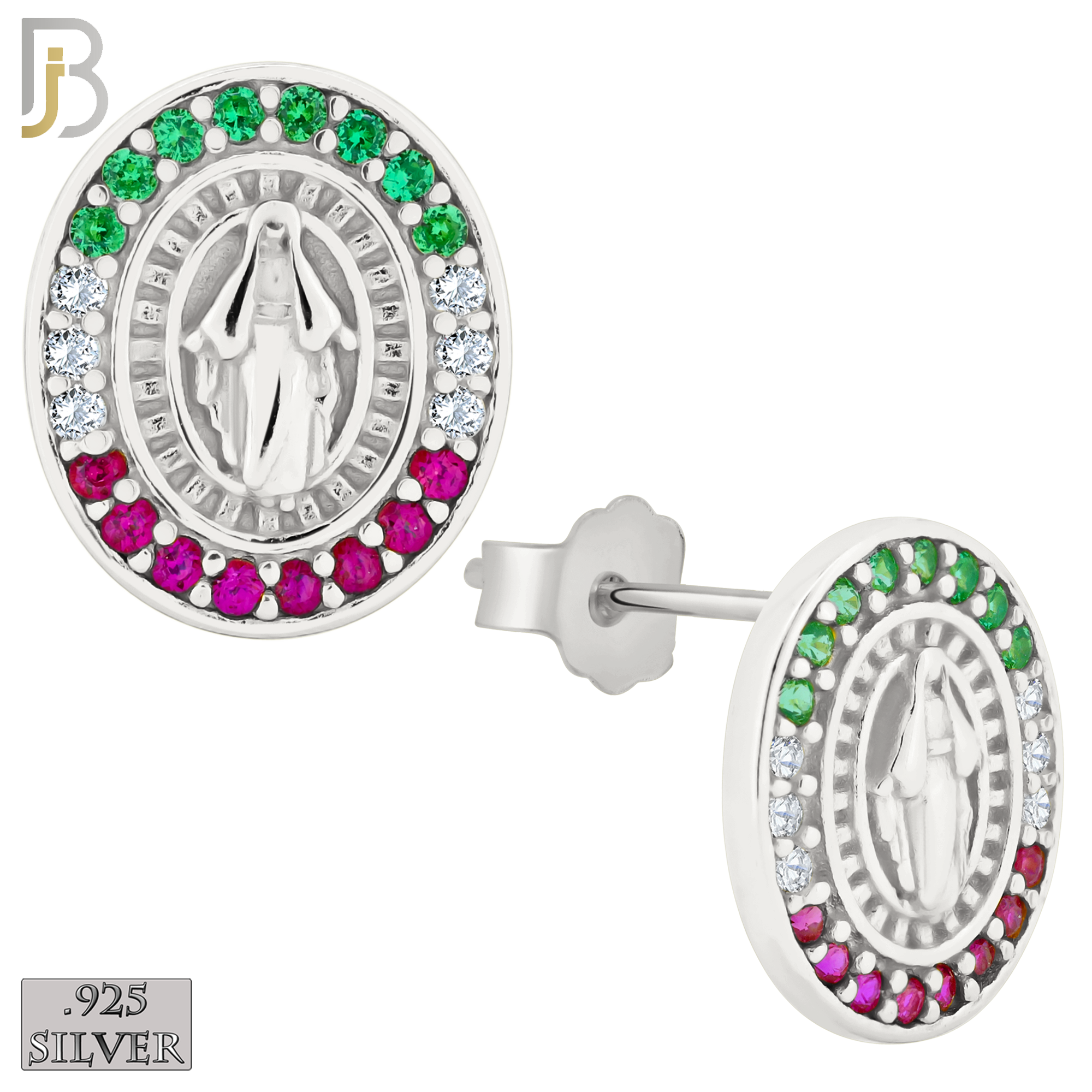 925-ES268 - .925 Sterling Silver Oval Shape Virgin Mary with Mexican Color Flag Zircon Design Earrings Stud image 1