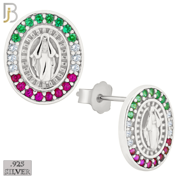 925-ES268 - .925 Sterling Silver Oval Shape Virgin Mary with Mexican Color Flag Zircon Design Earrings Stud image 1