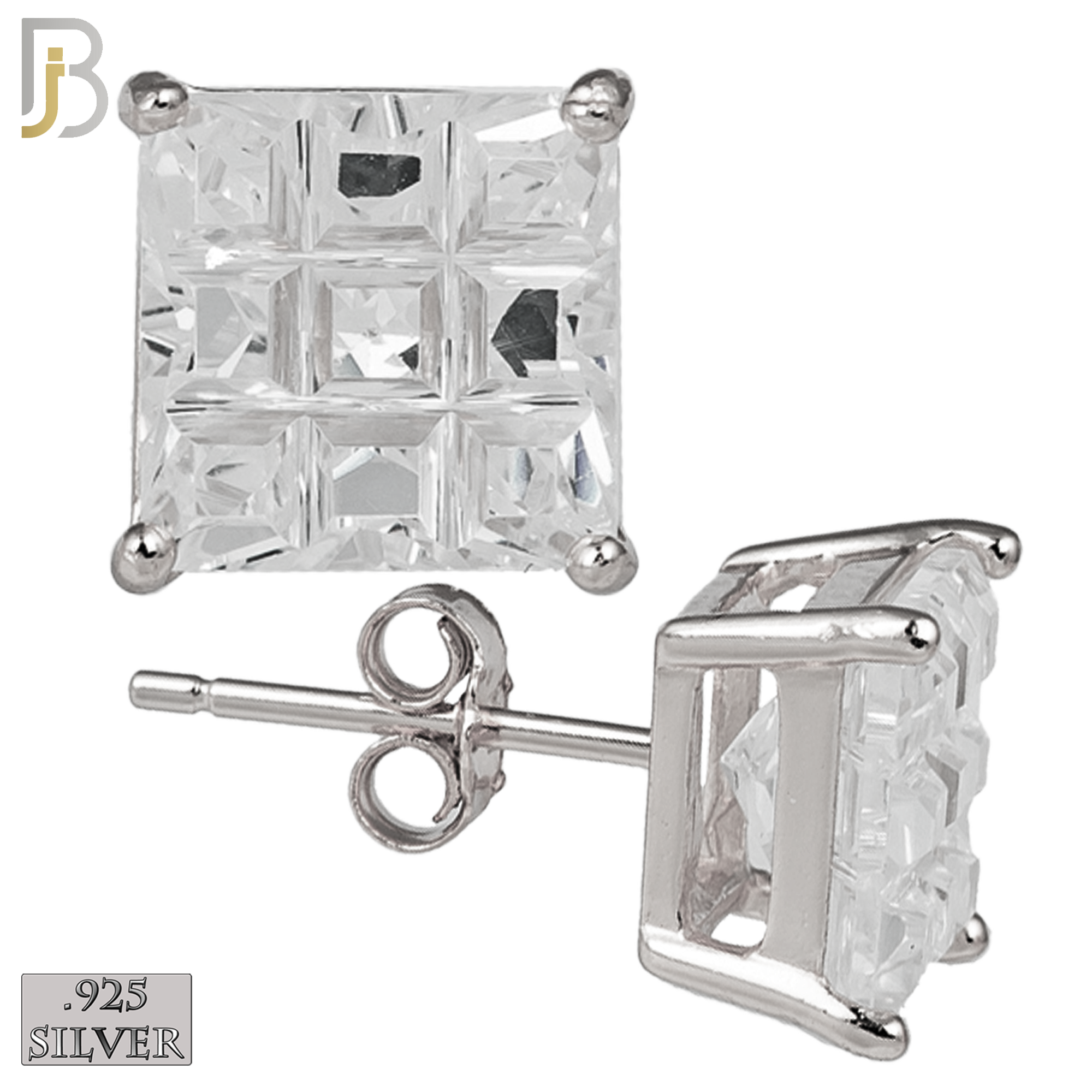 925-ES74-SC - .925 Sterling Silver Rhodium Plated Earring Stud Casting Square Princess Invisible Cut Prong Setting Clear Zircon image 0
