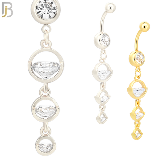 N036 - 316L Stainless Steel Dangling Triple Round  Zircon Design Belly Ring with 4mm Screw Ball image 0