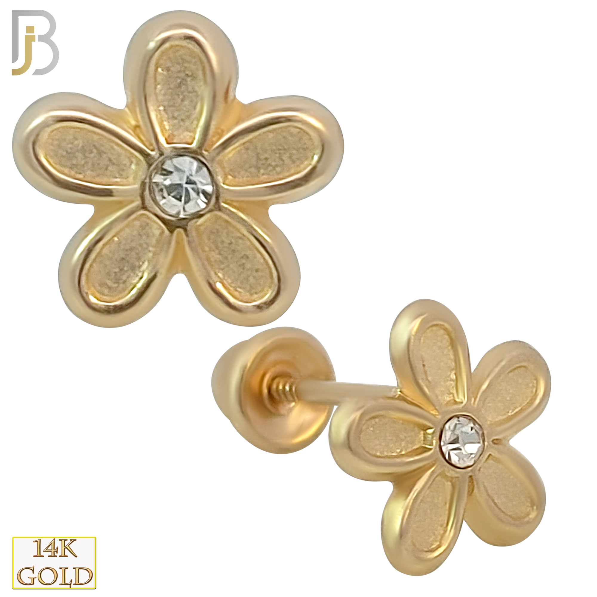 14k Solid Gold 5 Petal Sandblasted Flower with CZ Center Stud Earrings - Screw Back image 0