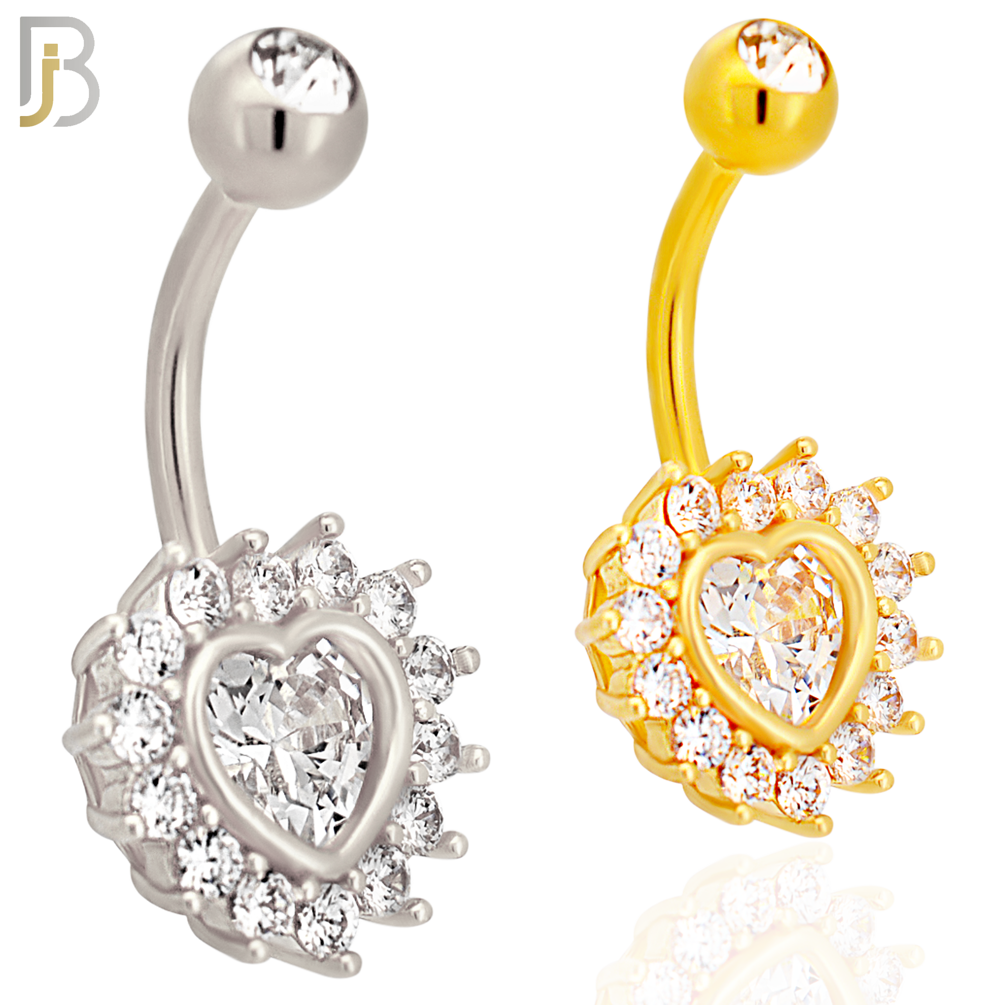NB47 - 316L Stainless Heart Shaped CZ Center Surrounded with Round CZ Banana Belly Navel Ring image 0
