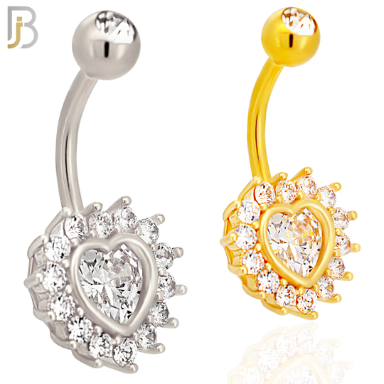 NB47 - 316L Stainless Heart Shaped CZ Center Surrounded with Round CZ Banana Belly Navel Ring image 0
