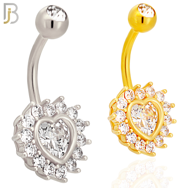 NB47 - 316L Stainless Heart Shaped CZ Center Surrounded with Round CZ Banana Belly Navel Ring image 0