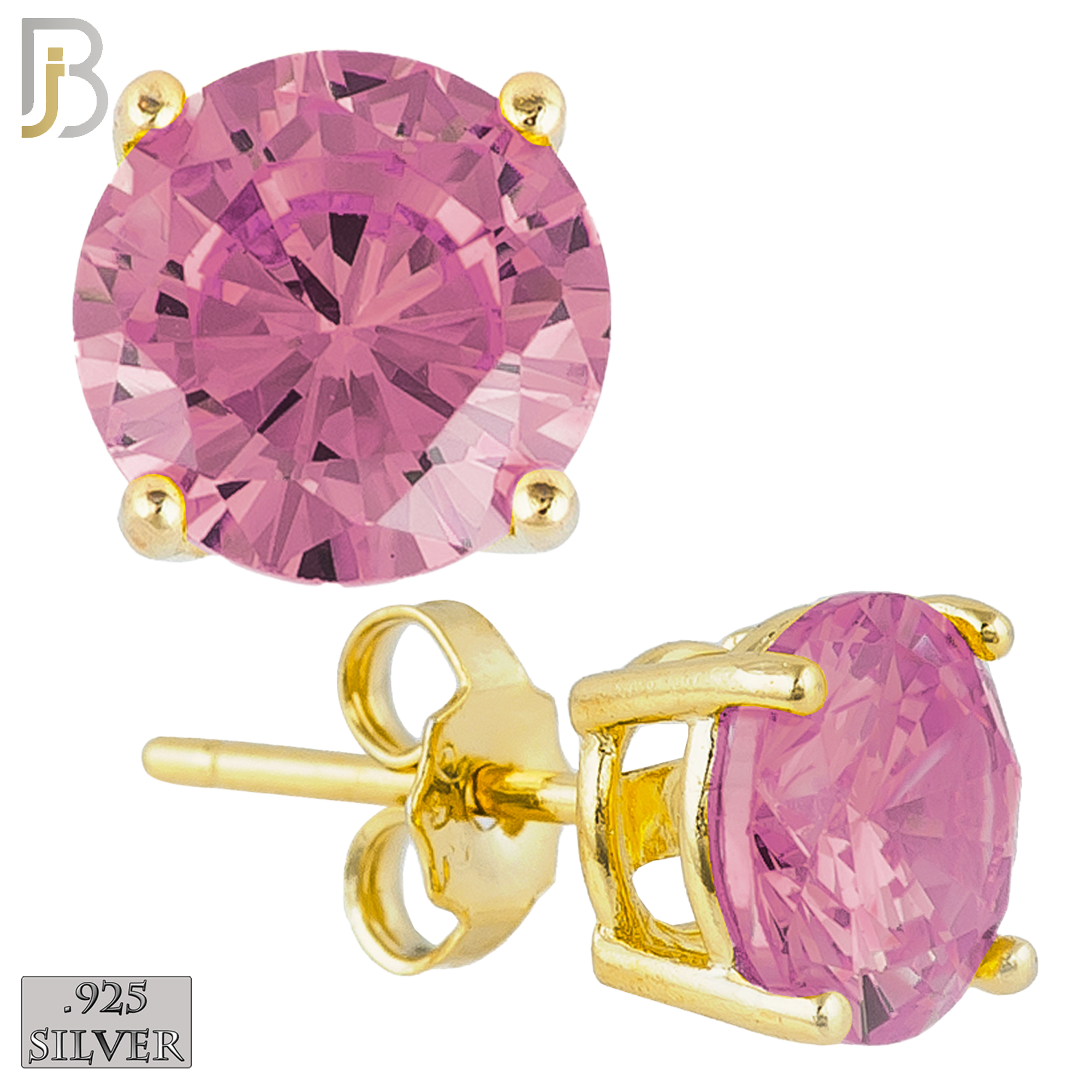 925-ES71-GP -  .925 Sterling Silver Gold Plated Earring Stud Casting Round Prong Setting Pink Zircon image 0