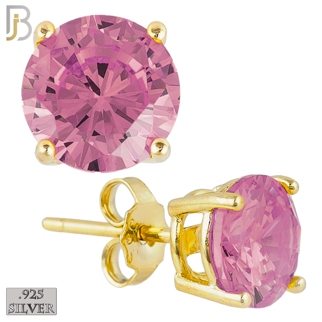 925-ES71-GP -  .925 Sterling Silver Gold Plated Earring Stud Casting Round Prong Setting Pink Zircon image 0