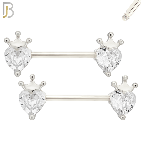NP44 - 316L Surgical Steel Heart Shaped CZ with Crown Nipple Ring Piercing Pair image 1