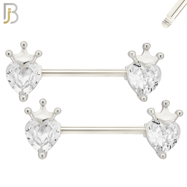 NP44 - 316L Surgical Steel Heart Shaped CZ with Crown Nipple Ring Piercing Pair image 1