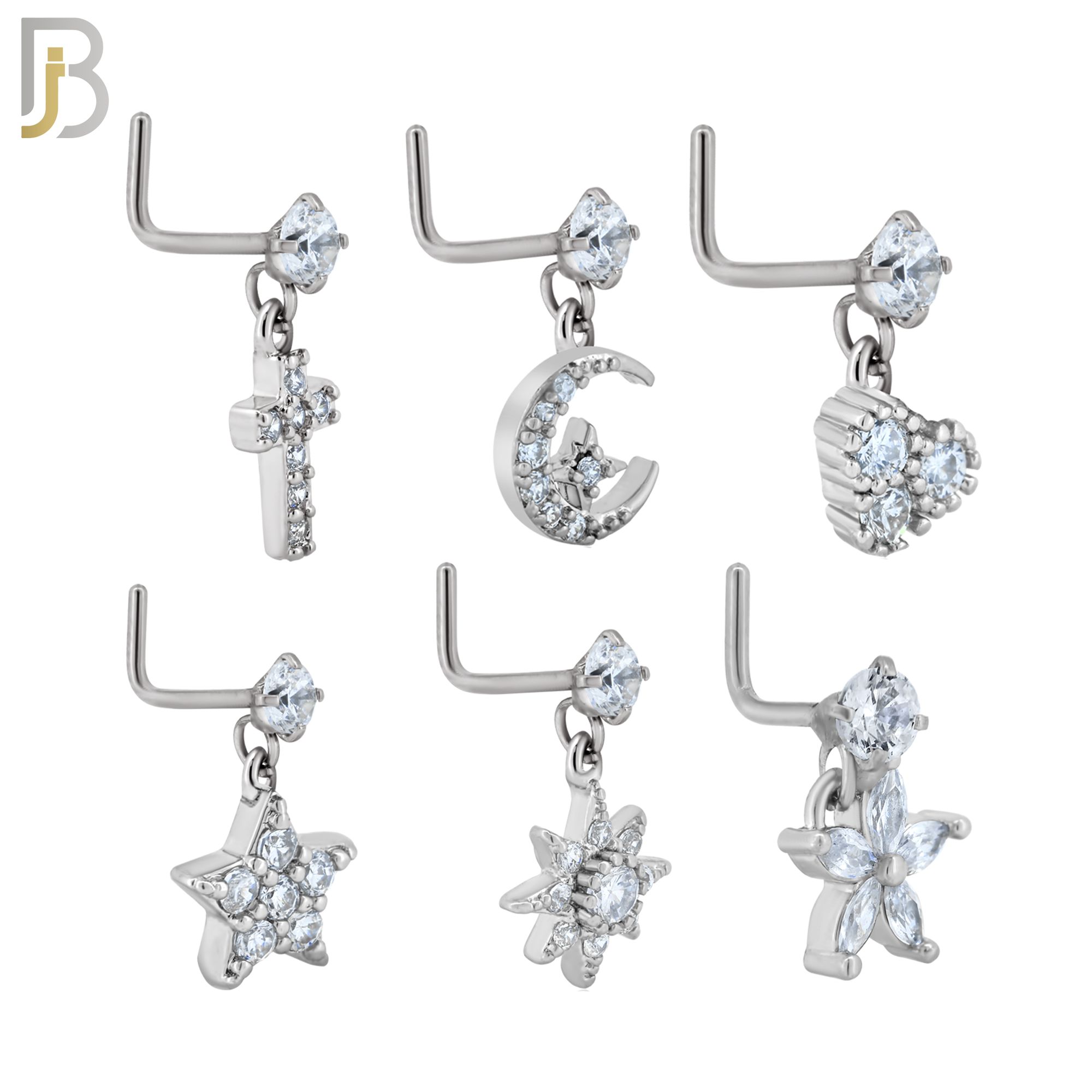 PK-NRMX07L-SG3 - 316 Surgical Steel L-Shape Nose Ring with Six Different Designs - Pack of 60 pcs image 1