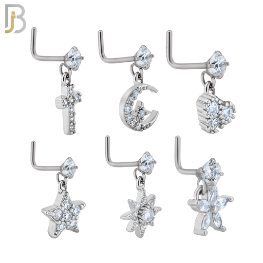 PK-NRMX07L-SG3 - 316 Surgical Steel L-Shape Nose Ring with Six Different Designs - Pack of 60 pcs image 1