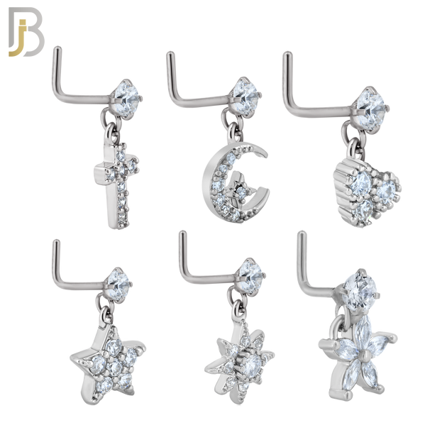 PK-NRMX07L-SG3 - 316 Surgical Steel L-Shape Nose Ring with Six Different Designs - Pack of 60 pcs image 1