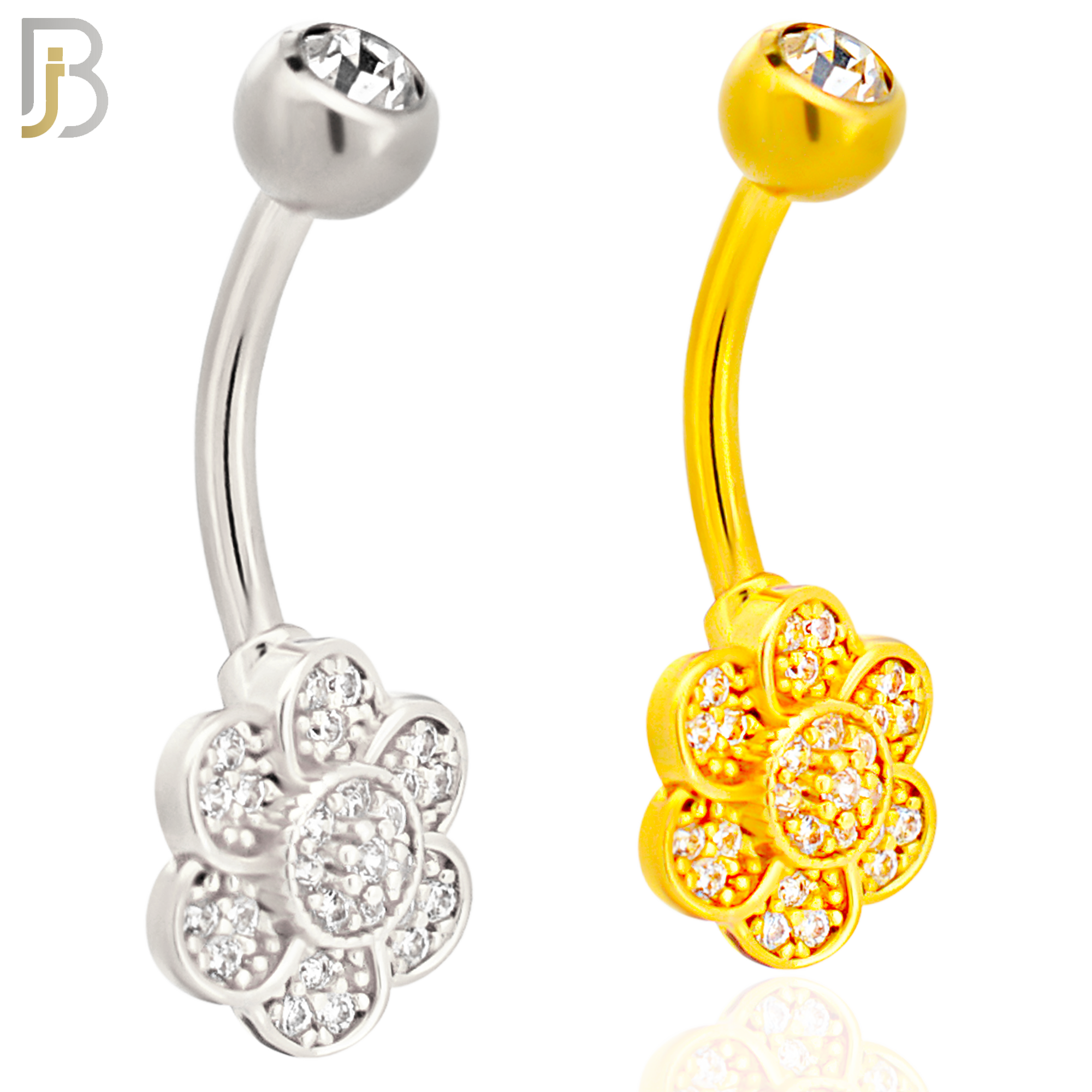 NB85 - 316L Stainless Steel Flower  Shaped CZ Banana Belly Ring and 5mm Screw Ball image 0