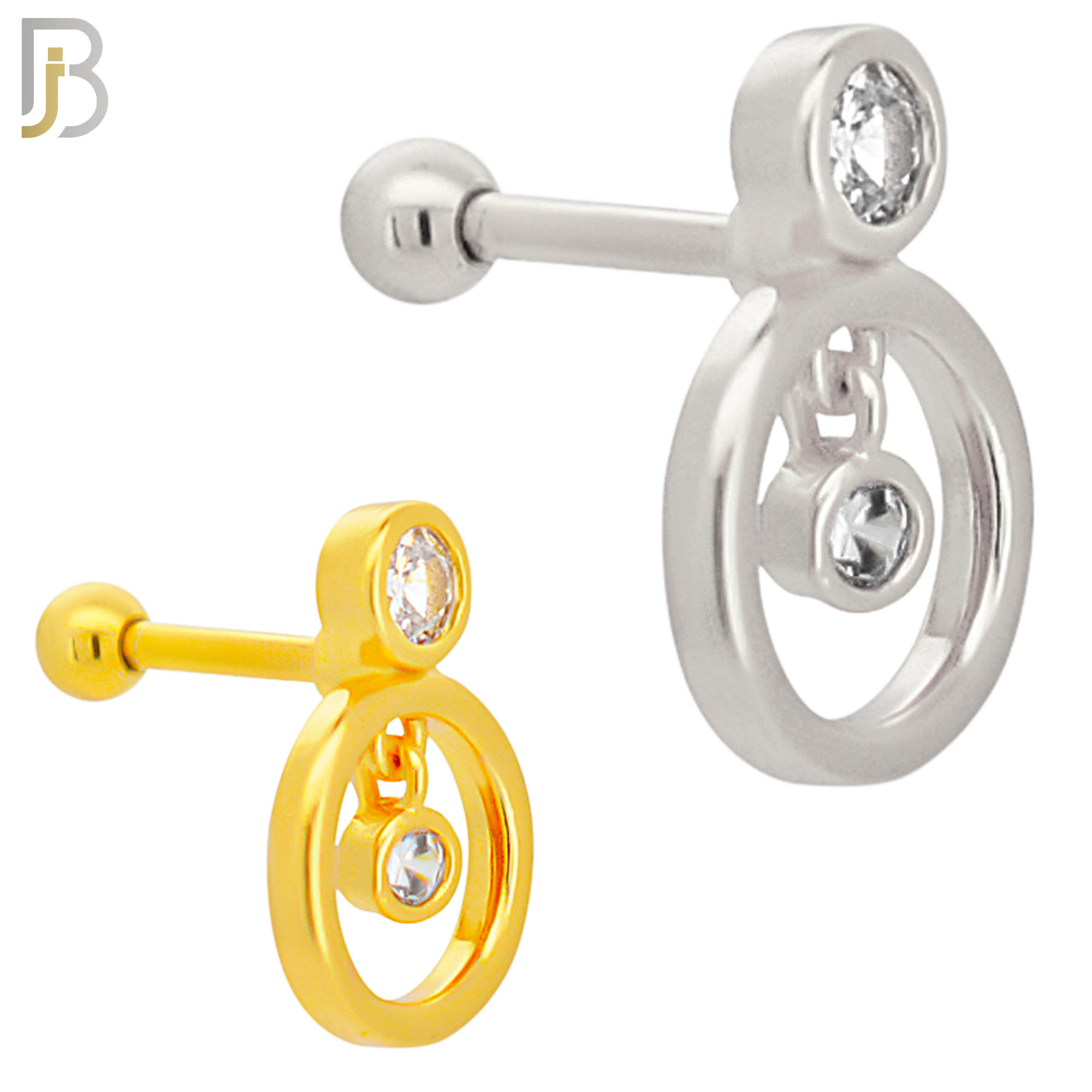 TB35 - 316L Stainless Steel and Brass Dangling Round Zircon in Hollow Ring Design Tragus Barbell Cartilage Piercing Screw Ball (PACK OF 6) image 0