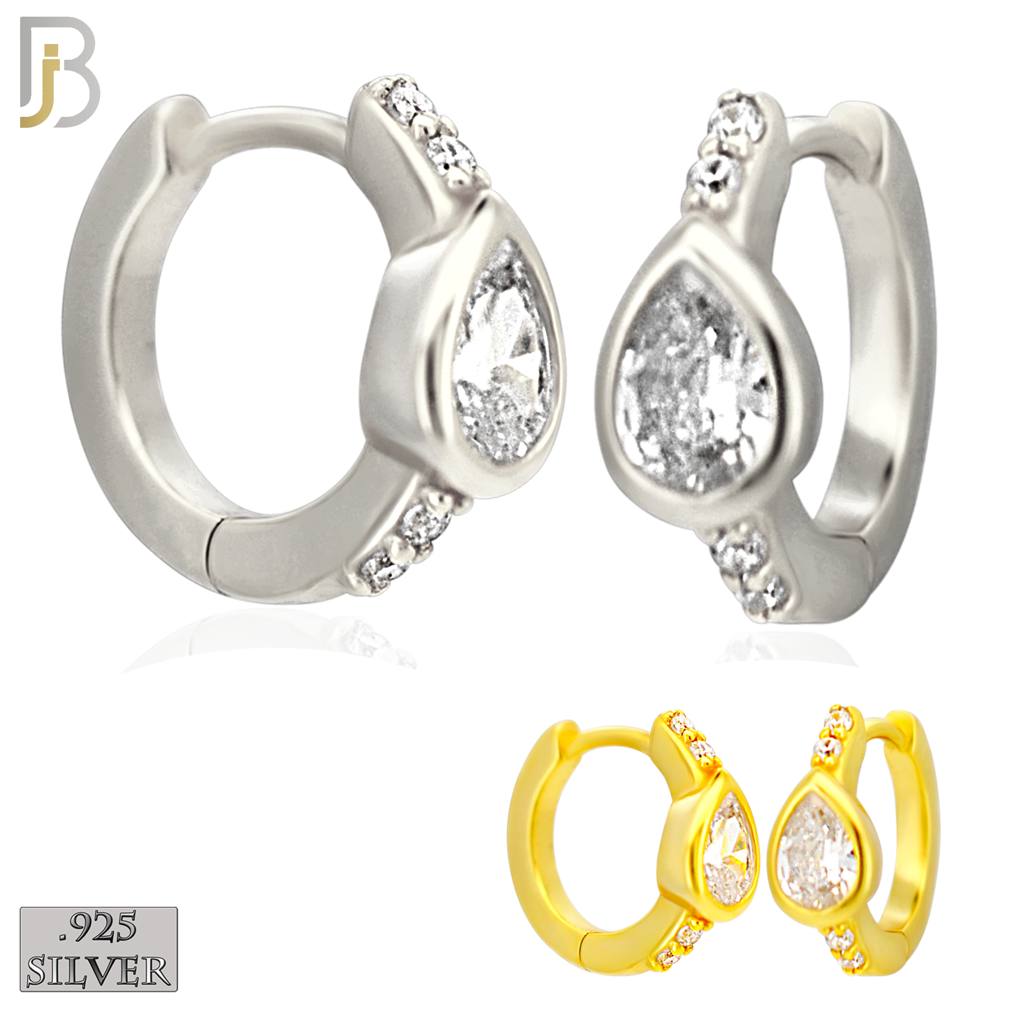 925-ES481 - 925 Sterling Silver Pear CZ in Bezel Setting with Side CZs Huggies Earrings image 0