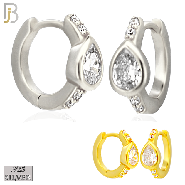 925-ES481 - 925 Sterling Silver Pear CZ in Bezel Setting with Side CZs Huggies Earrings image 0