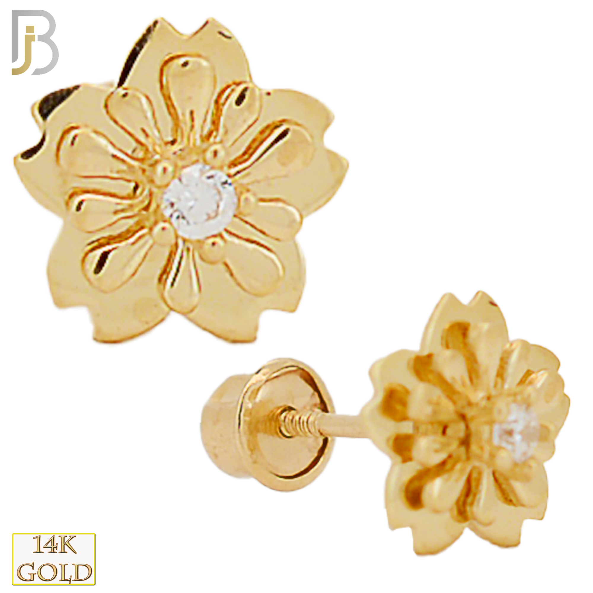 14-ES60 - 14k Solid Gold Screw Back Flower Stud Earring with Center CZ stone image 0